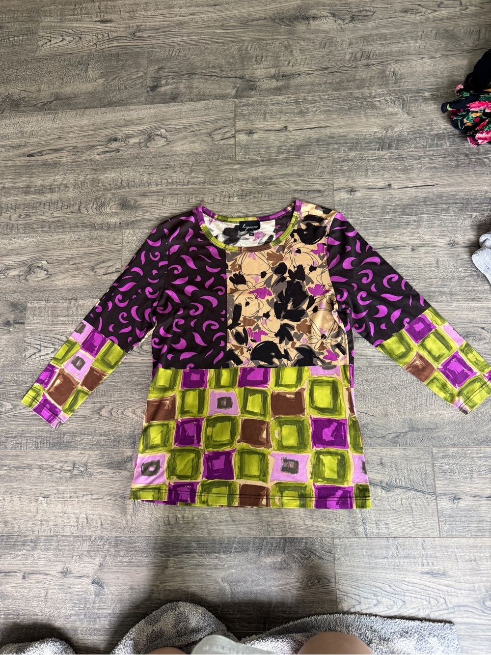 Y2K Funky JPG Style Colorblock Long Sleeve Top in Purple, Green, Tan, Black